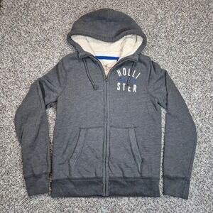 Hollister Womens XL Sherpa Lined Full Zip Hoodie Charcoal Gray California Logo